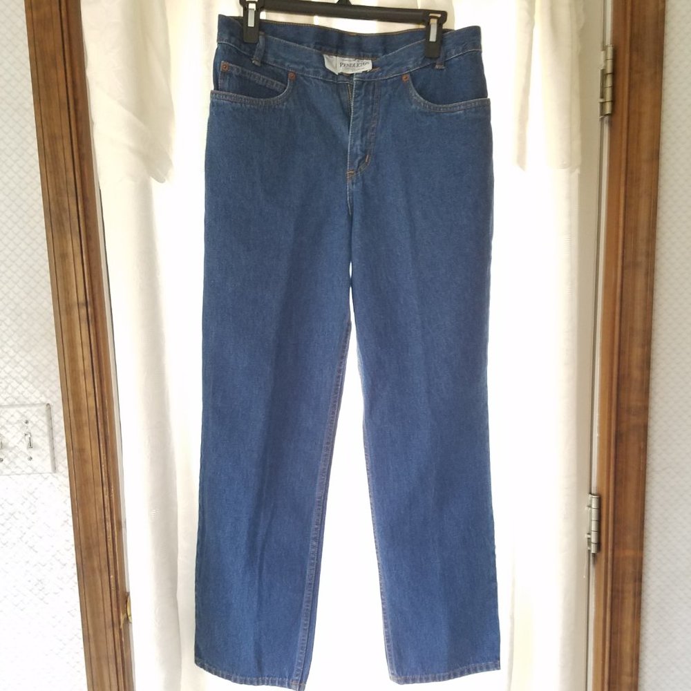 PENDLETON PETITE STRAIGHT-LEG JEANS-100% COTTON, SIZE 10 -BLUE DENIM